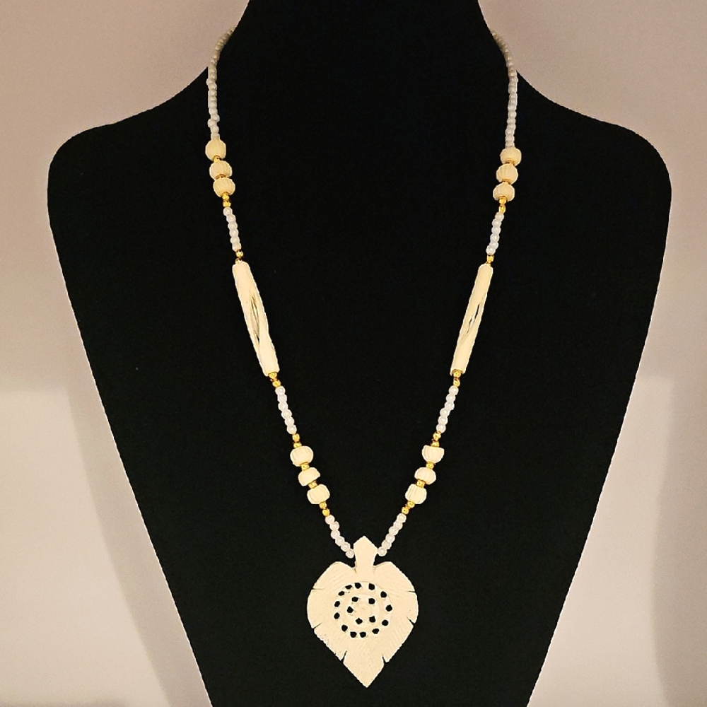 Vintage Carved Bone Necklace with Seed Bead Accents
